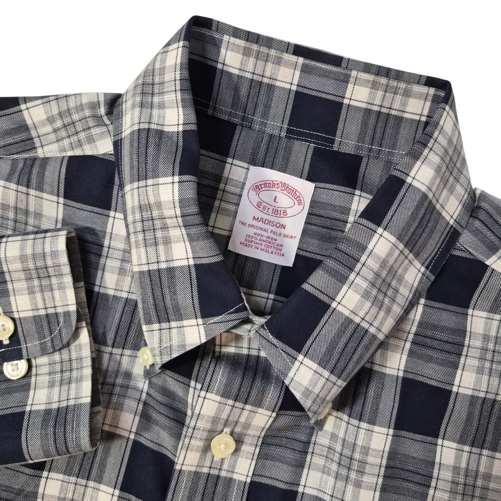 Brooks Brothers Button Down Shirt Mens L Madison Navy Blue Plaid Supima Cotton